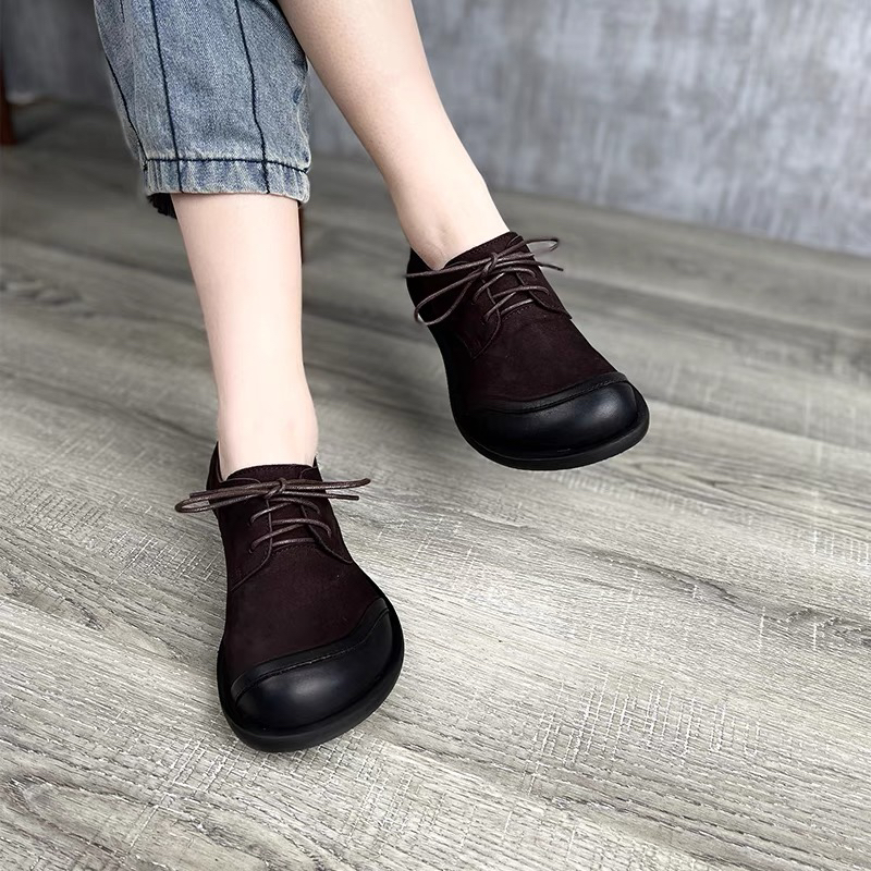 艺鞜2025年秋季新款真皮平底大圆头休闲女鞋复古风娃娃系带单鞋子