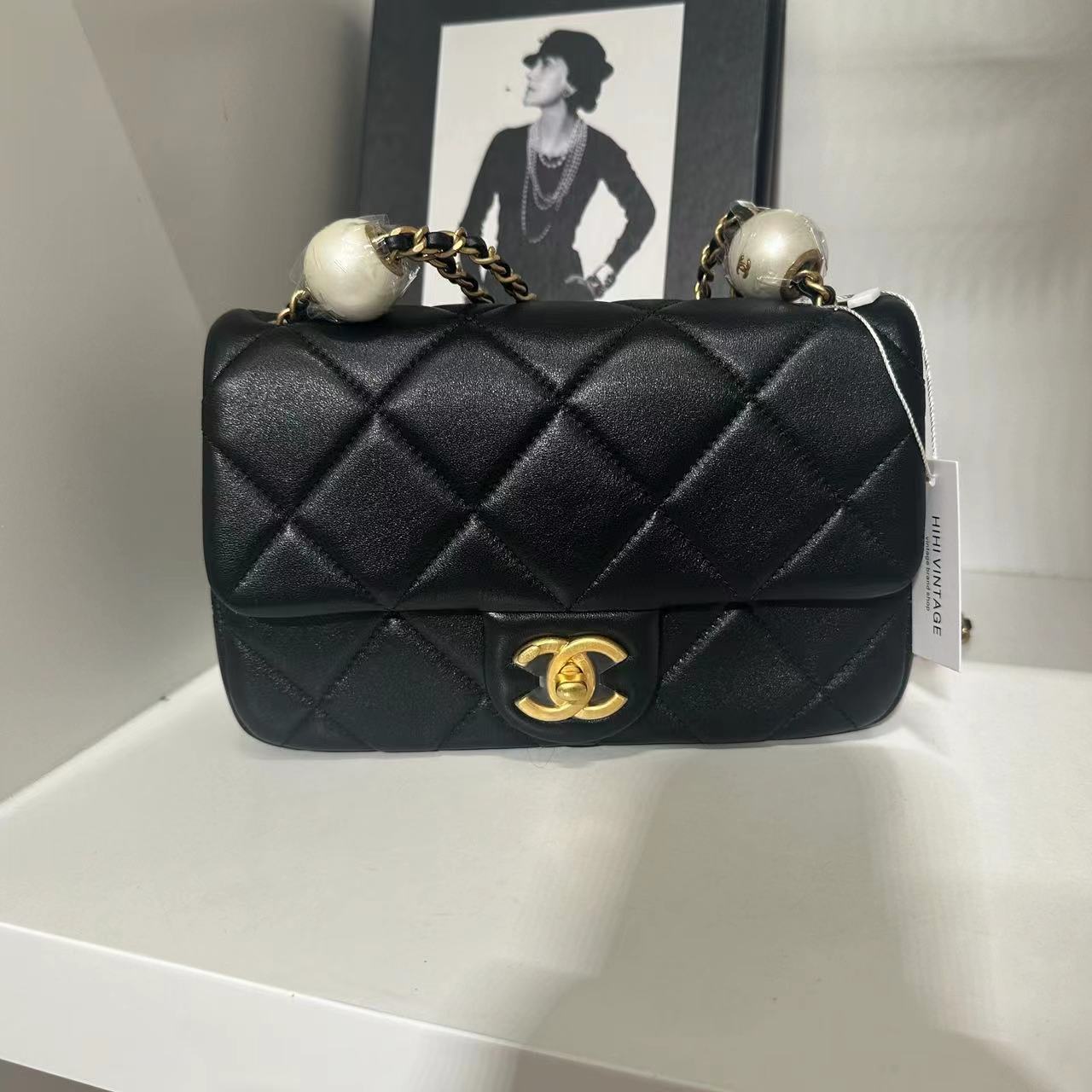 99新 Chanel/香奈儿 HIHI/24S 黑金羊皮双珍珠CF大mini链条包