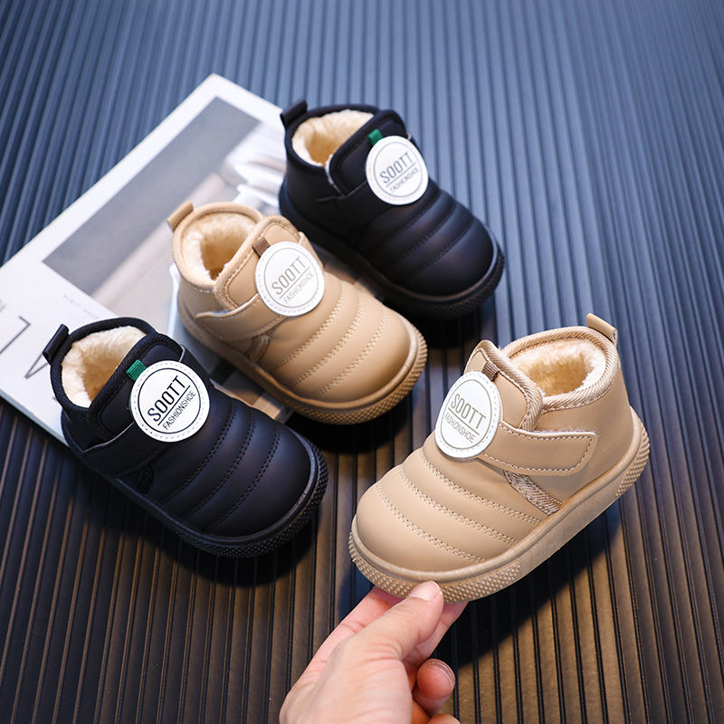 男童棉鞋冬季加绒雪地靴实心软底学步鞋保暖防水儿童皮面短靴棉靴