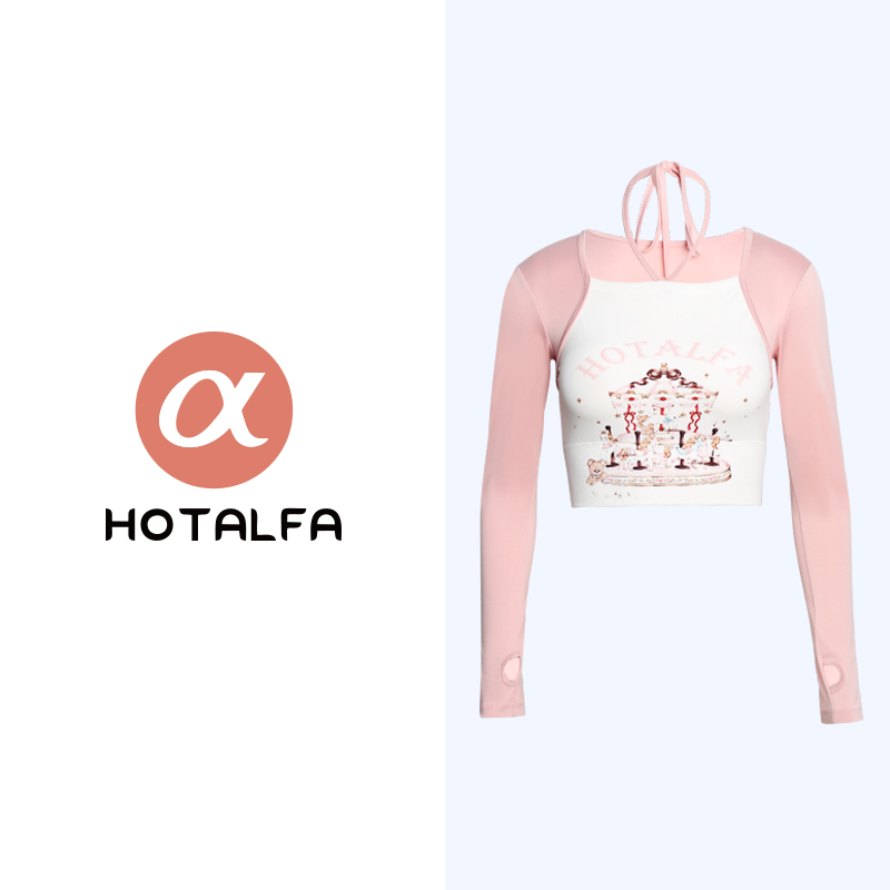 【旋转木马】长袖运动健身瑜伽服打底衫粉色系带卡通印花上衣带胸垫