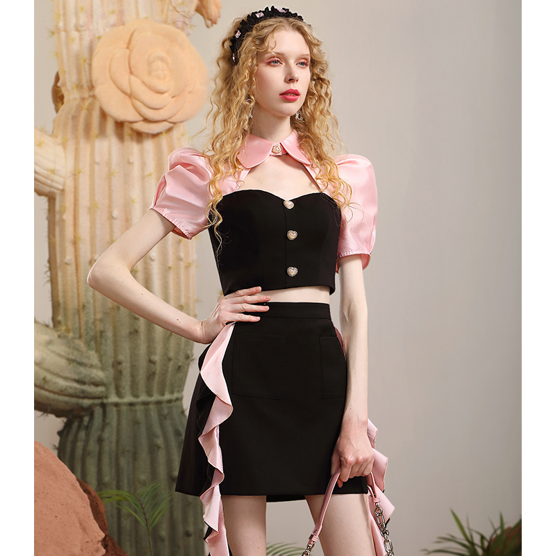 茬客时尚套装裙个性镂空polo领上衣设计感半身裙两件套CM31004AB