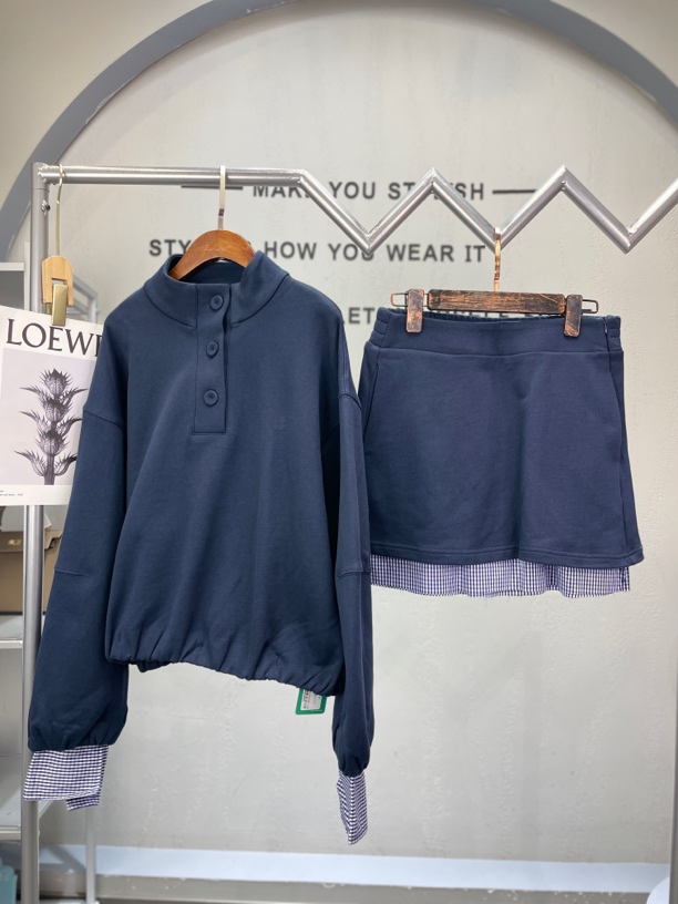 君家蓝格子立领拼接套装