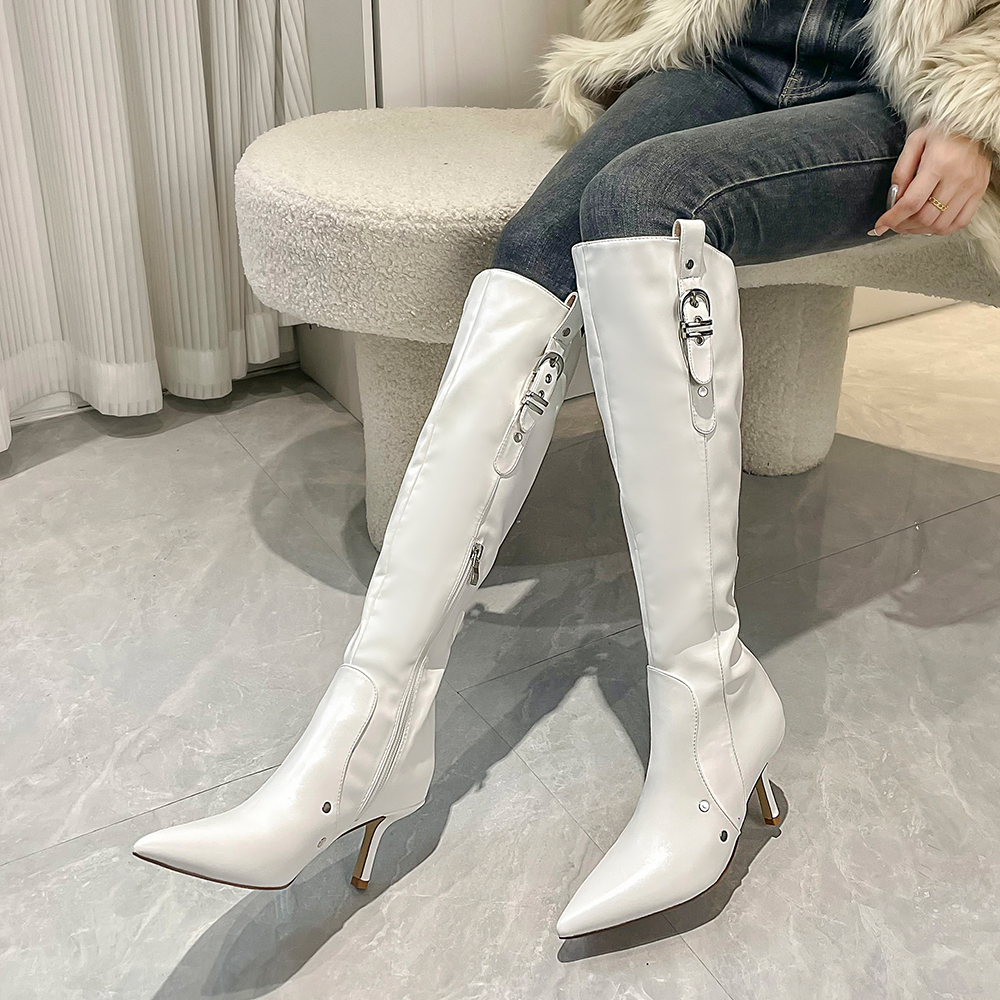 尖头高跟长靴女2025秋冬辣妹显瘦不过膝细跟高筒骑士长筒靴白色
