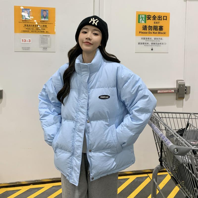 奶fufu蓝色羽绒服女冬季2023新款韩系学院风宽松面包服白鸭绒外套