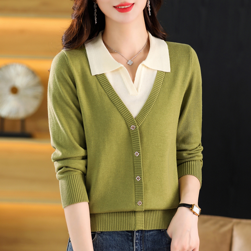 正品假两件针织衫上衣女2023春秋新款翻领洋气打底衫时尚百搭开衫