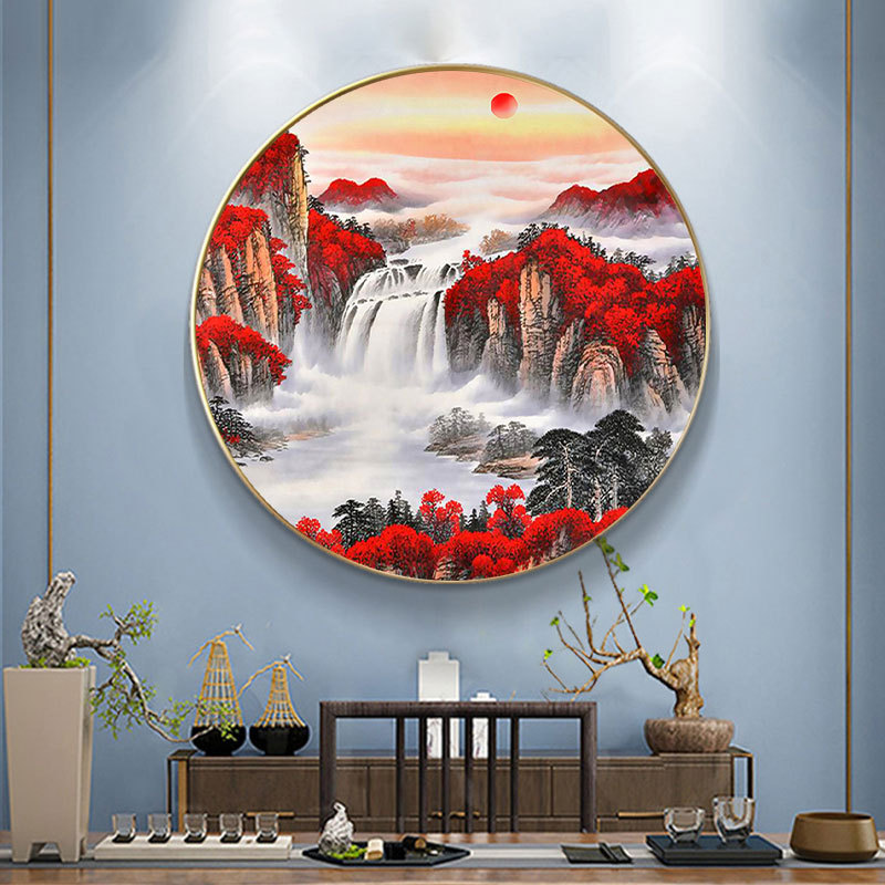 十字绣2022新款线绣客厅鸿运当头圆形中式山水风景画自己绣手工