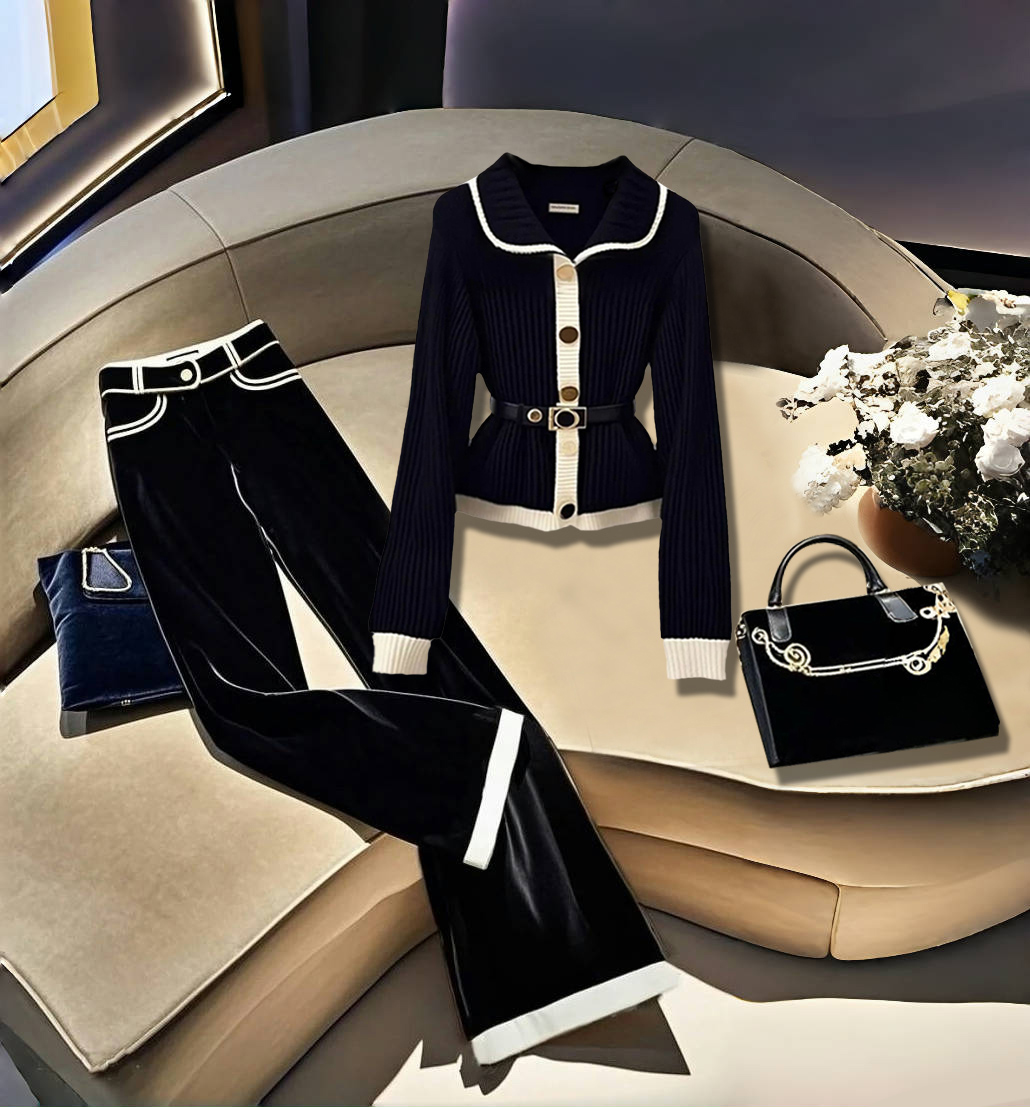 秋冬季时尚洋气百搭赫本风气质针织上衣休闲显瘦通勤直筒裤子女装