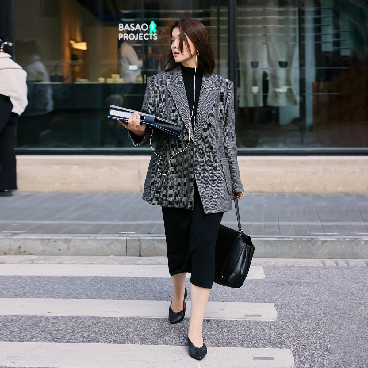 【折扣款】PLUSMALL Geek Chic 羊毛混纺双排扣西装外套PPPP2410016