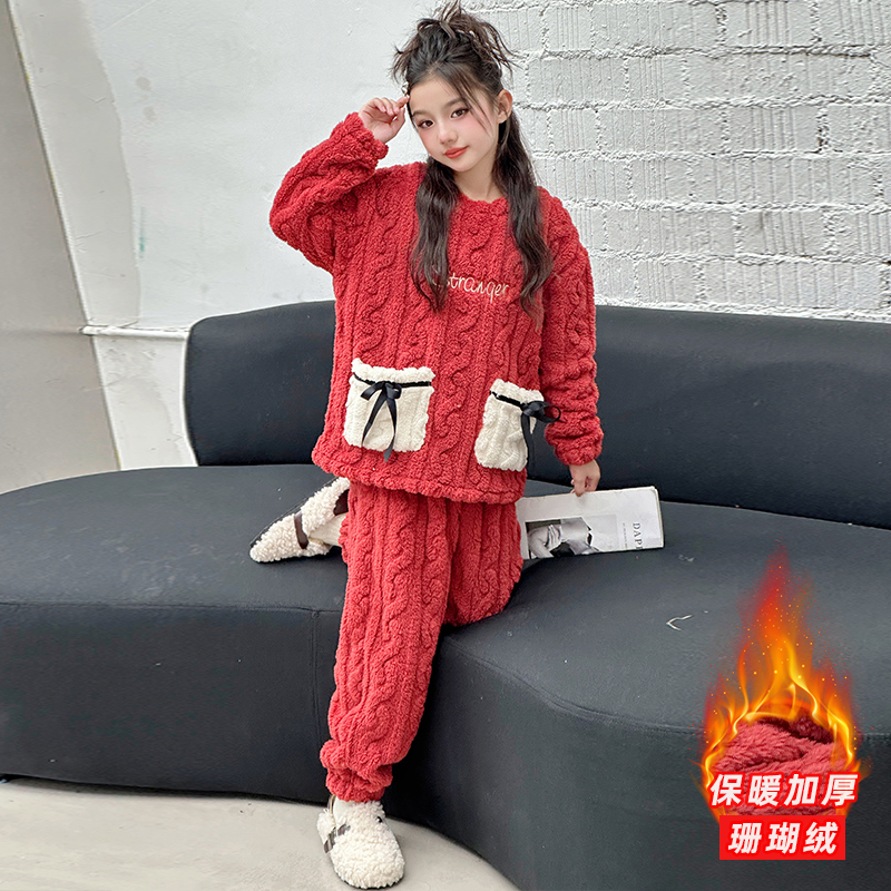 女童珊瑚绒睡衣秋冬2024新款儿童女冬款家居服网红爆款法兰绒套装