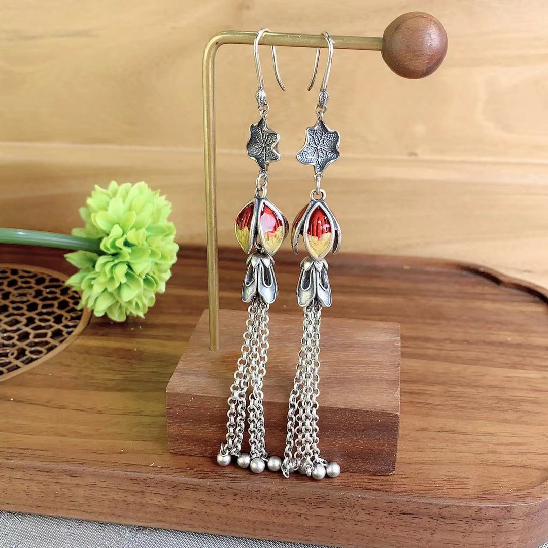 925银耳饰 复古国风民族风个性小众长款珐琅彩流苏莲花耳坠  222