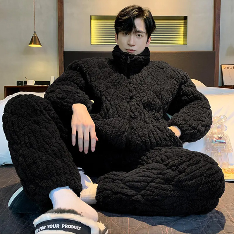 男士睡衣珊瑚绒冬季三层夹棉袄加厚加绒冬款青少年纯色家居服套装