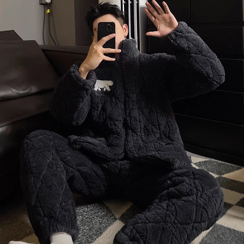男士睡衣冬季珊瑚绒三层夹棉袄加厚加绒保暖男款秋冬天家居服套装
