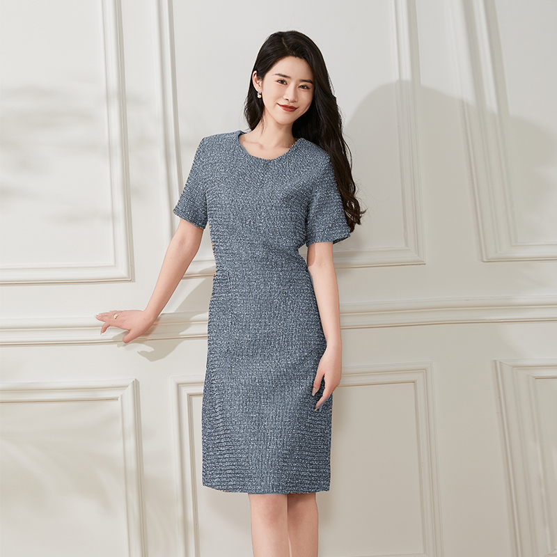 【新款】DZ24-58女装连衣裙春夏时尚优雅修身气质设计师圆领提花
