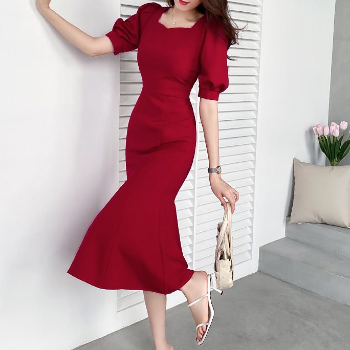 7388夏季连衣裙轻奢晚礼服女鱼尾裙红色包臀名媛宴会显瘦气质修身