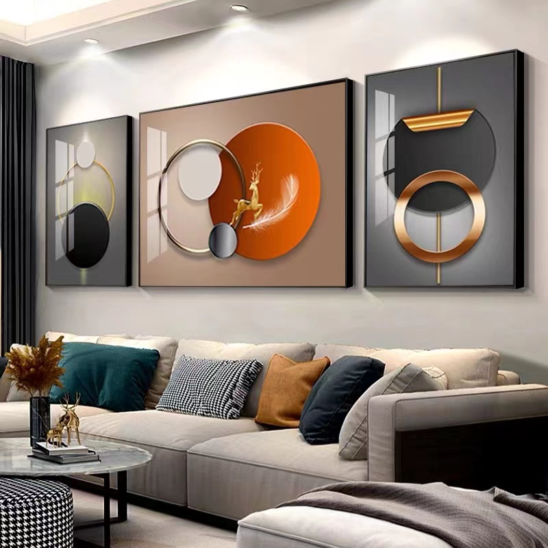 升级版-客厅三联画-【金鹿送福】晶瓷镶钻画客厅沙发背景墙装饰画