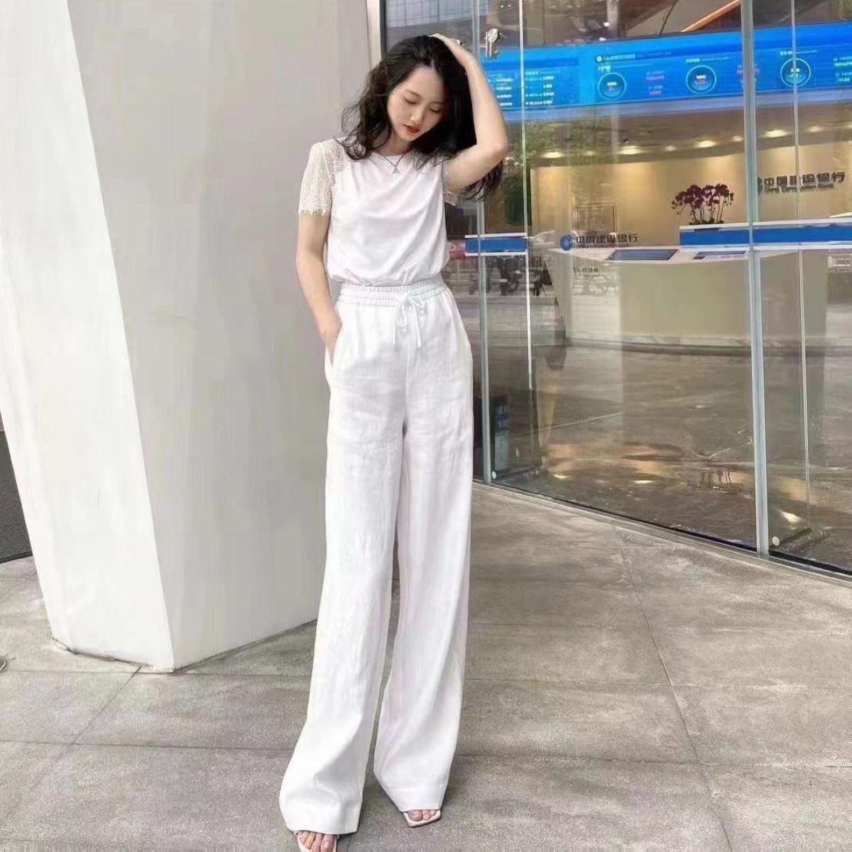 阿家正品女神节专享高腰宽松阔腿百搭亚麻裤 5100552-2036561-001
