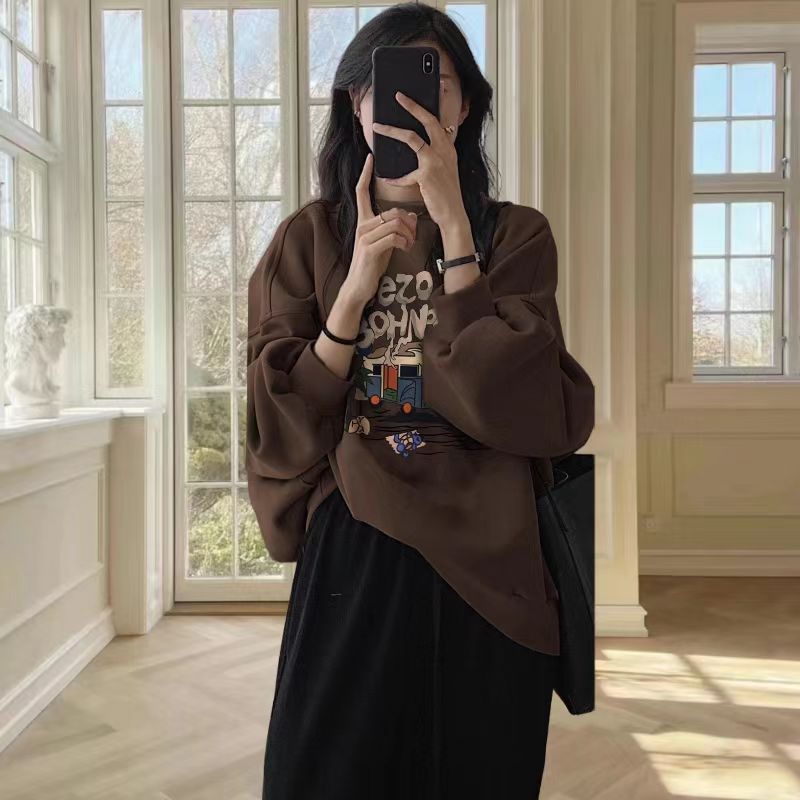 美拉德穿搭小众圆领卫衣女秋冬新款百搭宽松oversize慵懒长袖上衣