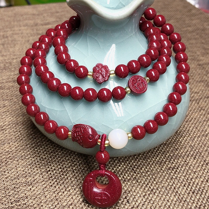 含辰砂工艺品高含量紫金砂多圈手链 女款三圈朱砂小鱼手串 公主扣