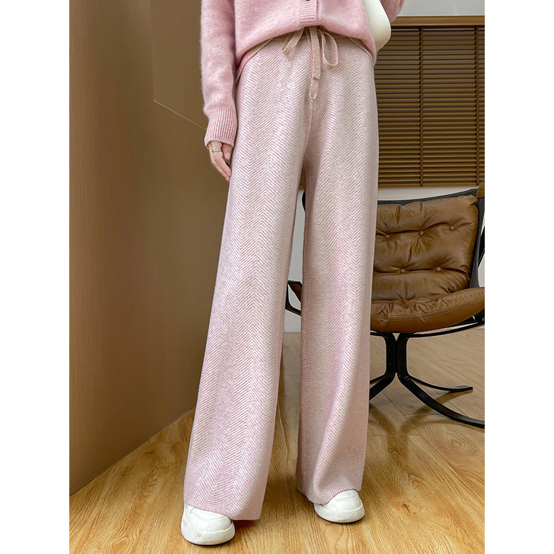 人字纹100%纯羊毛针织阔腿裤女秋冬高腰加厚宽松直筒拖地长裤