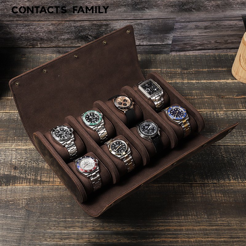 contacts family复古疯马皮手表收纳盒8只装手工创意手表盒真皮笔