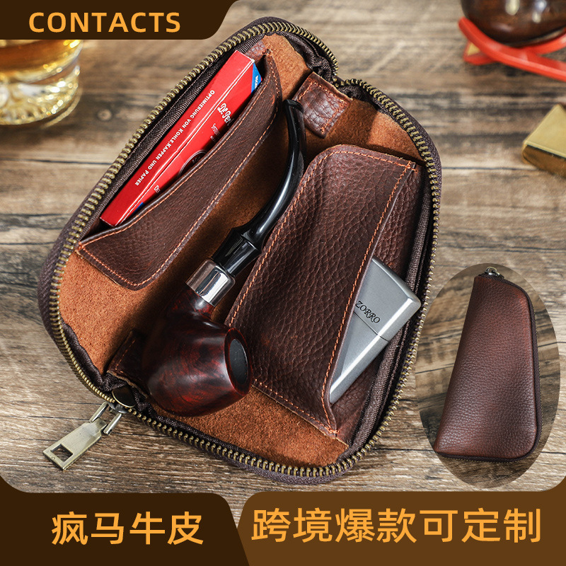 新款复古油珠摔纹牛皮制作两只烟斗袋多功能便携式烟斗真皮收纳包