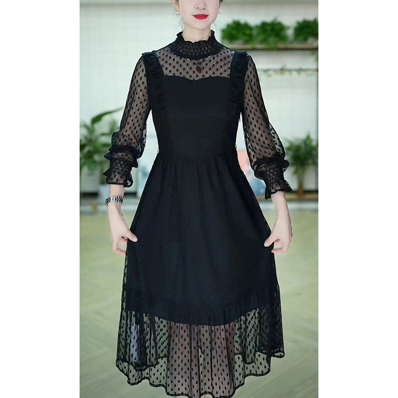 GL287 秋季显瘦收腰时尚减龄遮肉长袖波点蕾丝A字裙