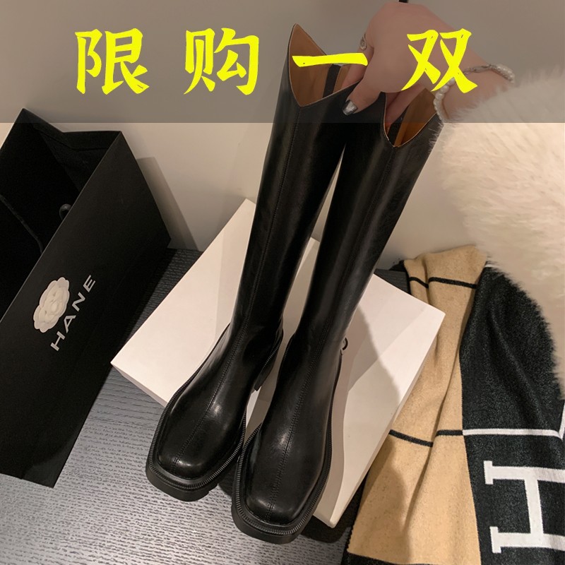 百丽存爱小个子长筒靴女百搭厚底粗跟骑士靴中跟方头真皮高筒靴