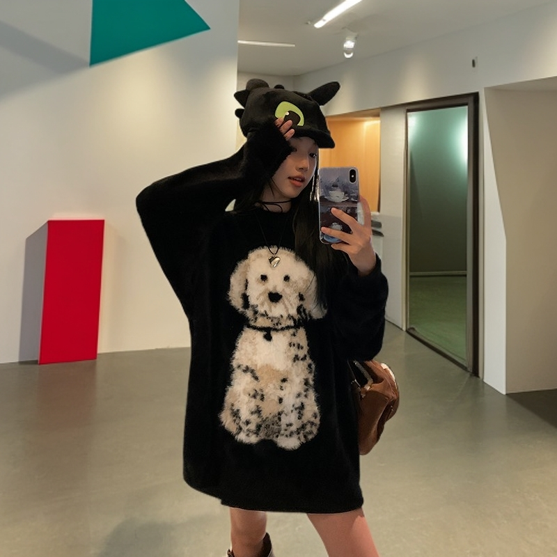 斑点狗仿水貂绒毛衣女秋冬季百搭宽松慵懒风设计感针织衫上衣洋气