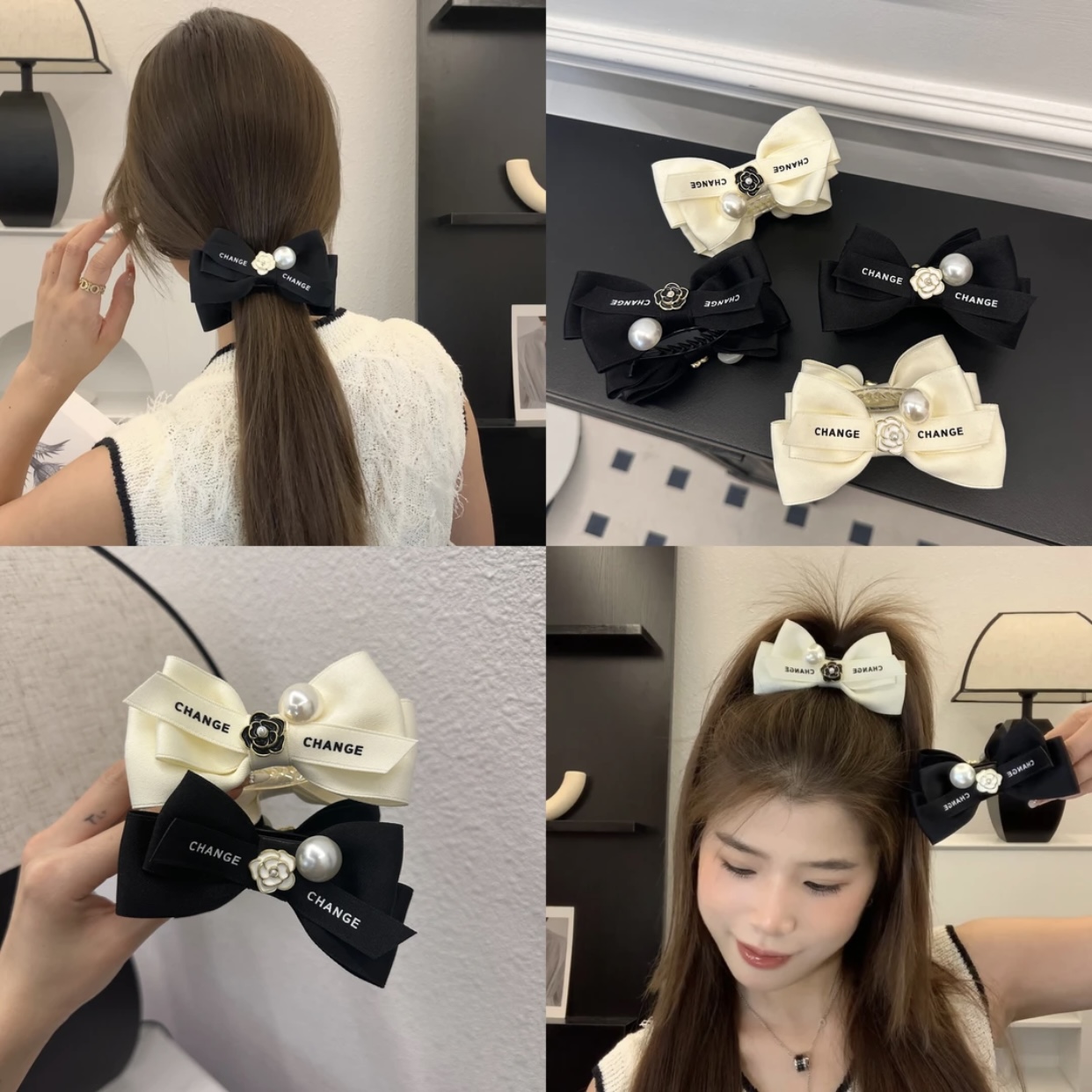 法式轻奢山茶花蝴蝶结发夹精致丸子头抓夹女后脑勺马尾夹盘发神器
