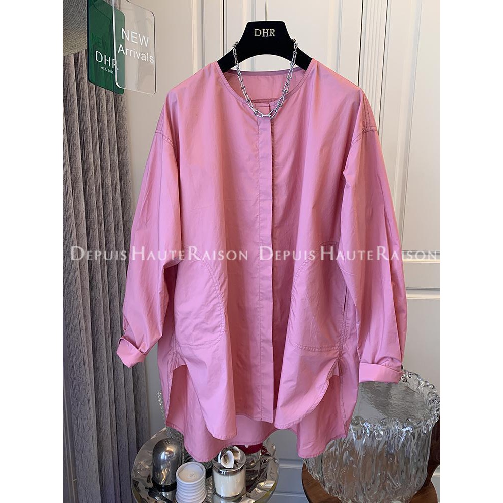 特大码300斤法式气质圆领大版开叉口袋长袖衬衫女胖mm中长款上衣