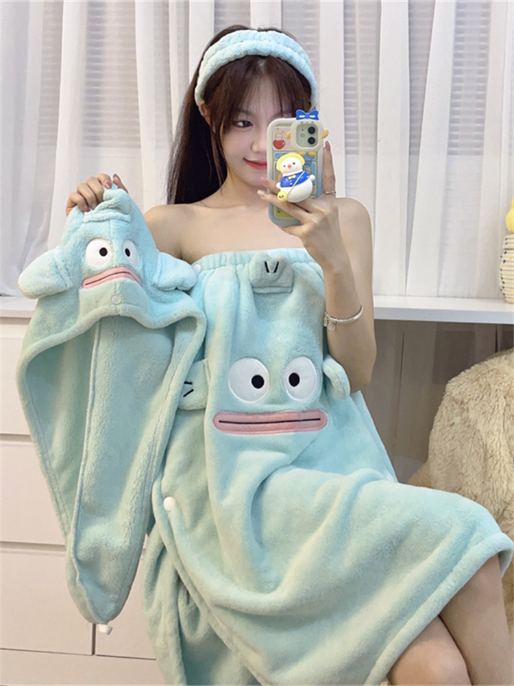 春夏秋冬季浴巾女生可穿可裹大毛巾吸水浴袍式浴裙干发帽卡通丑鱼