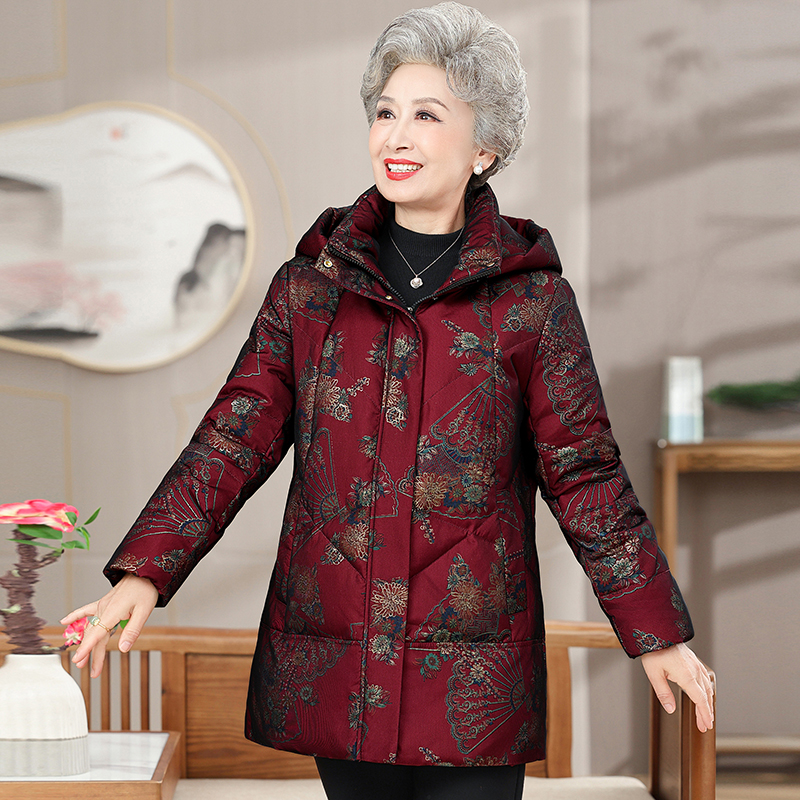 白鸭绒花色女2024冬季加肥大码奶奶款老太太加厚外套