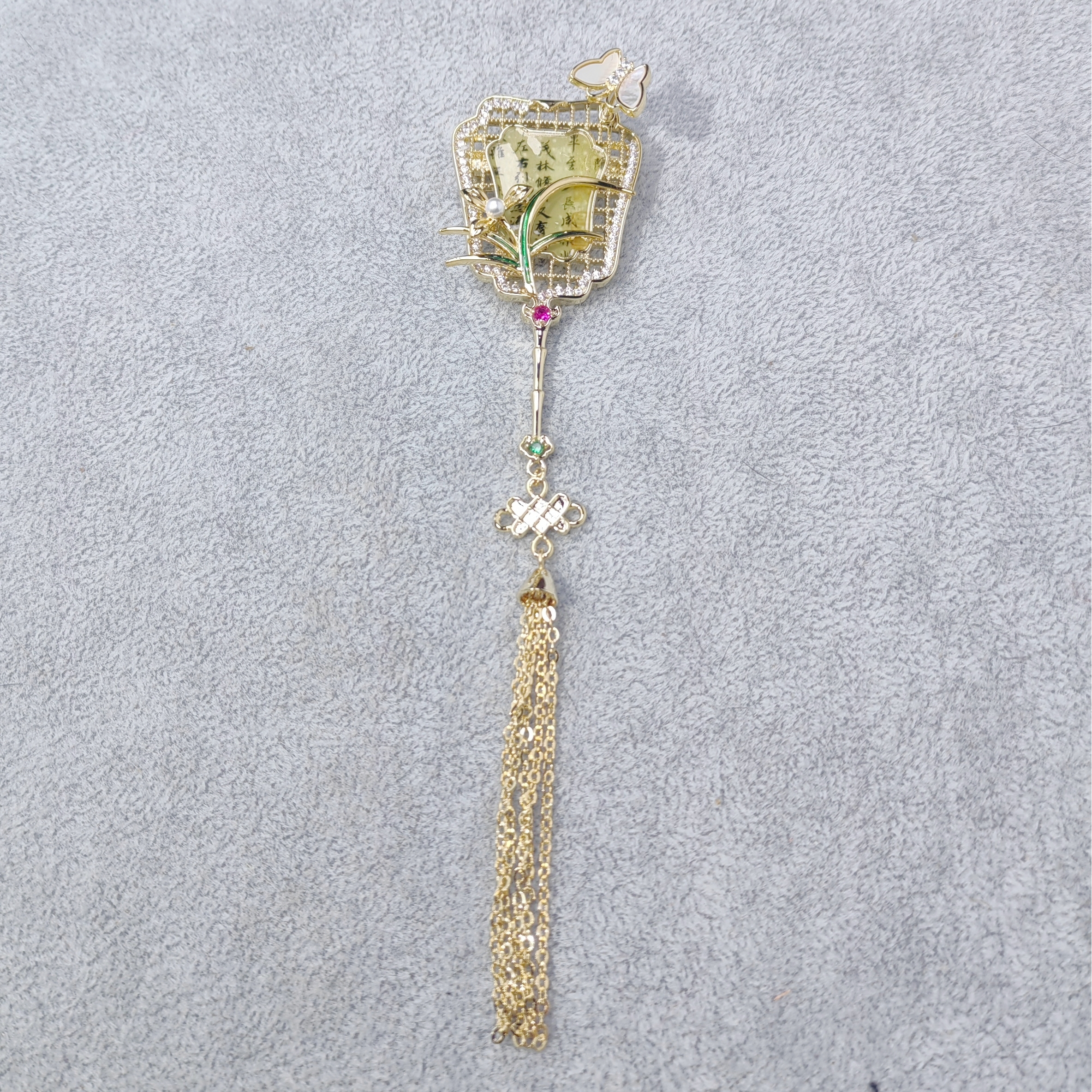 铜合金合成锆石胸针 古雅气质蝶舞兰花扇胸针3436