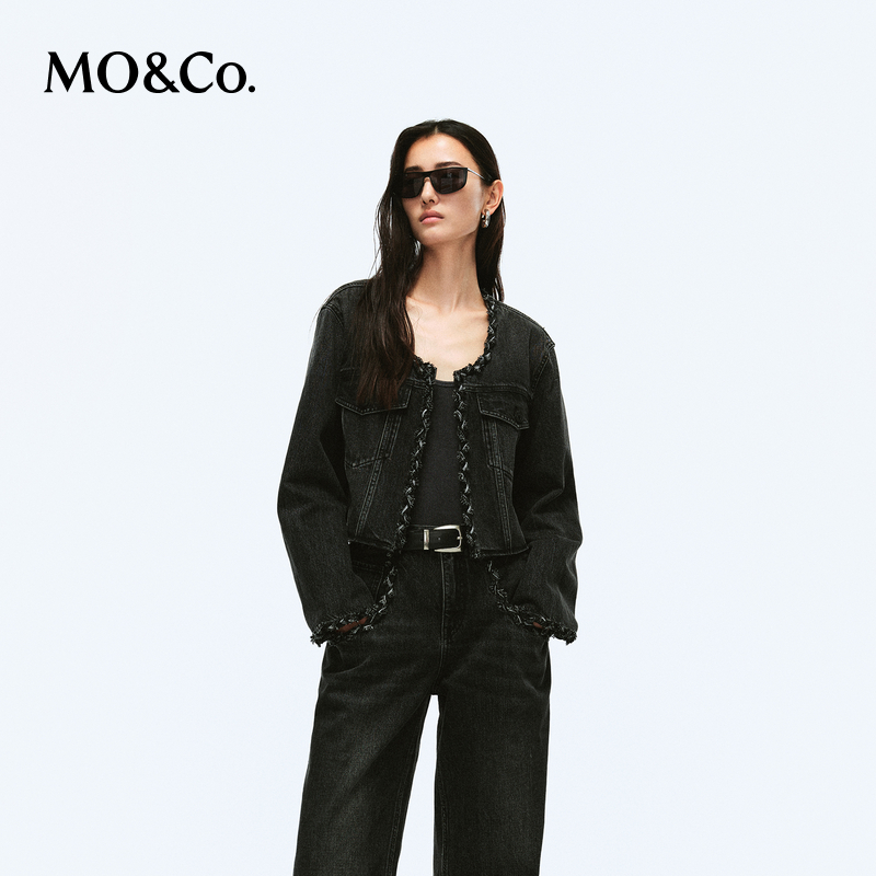 【赵老板专属】MOCO春手工编织镶边短廓形牛仔夹克外套MBD1JKT035