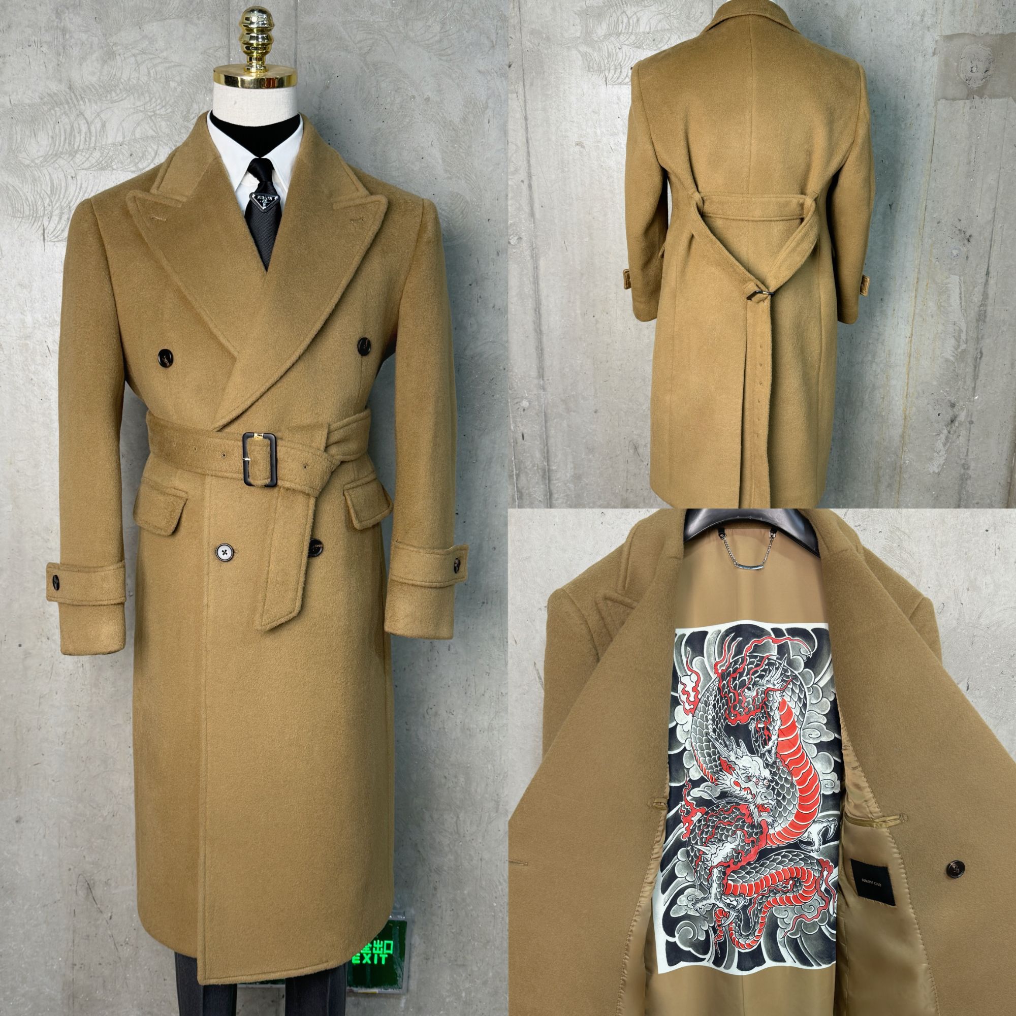 【西蒙曹】-男士冬季驼色羊毛长款过膝腰带双排扣马球大衣