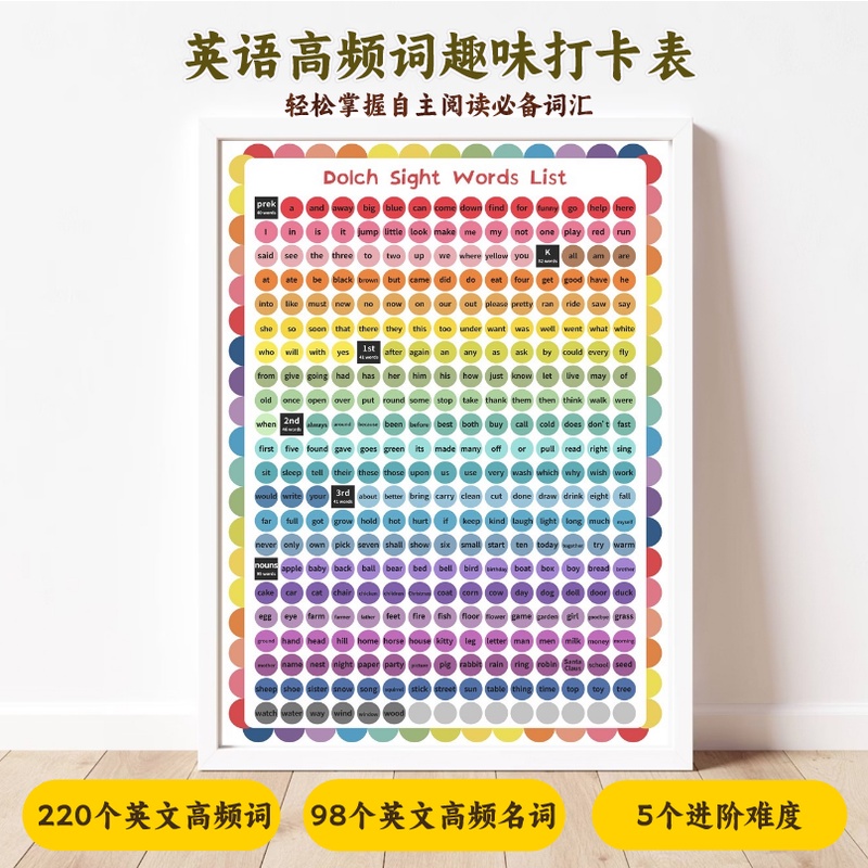 幼儿园小学英文高频词常见词打卡贴纸海报Sight Words 220词挂图