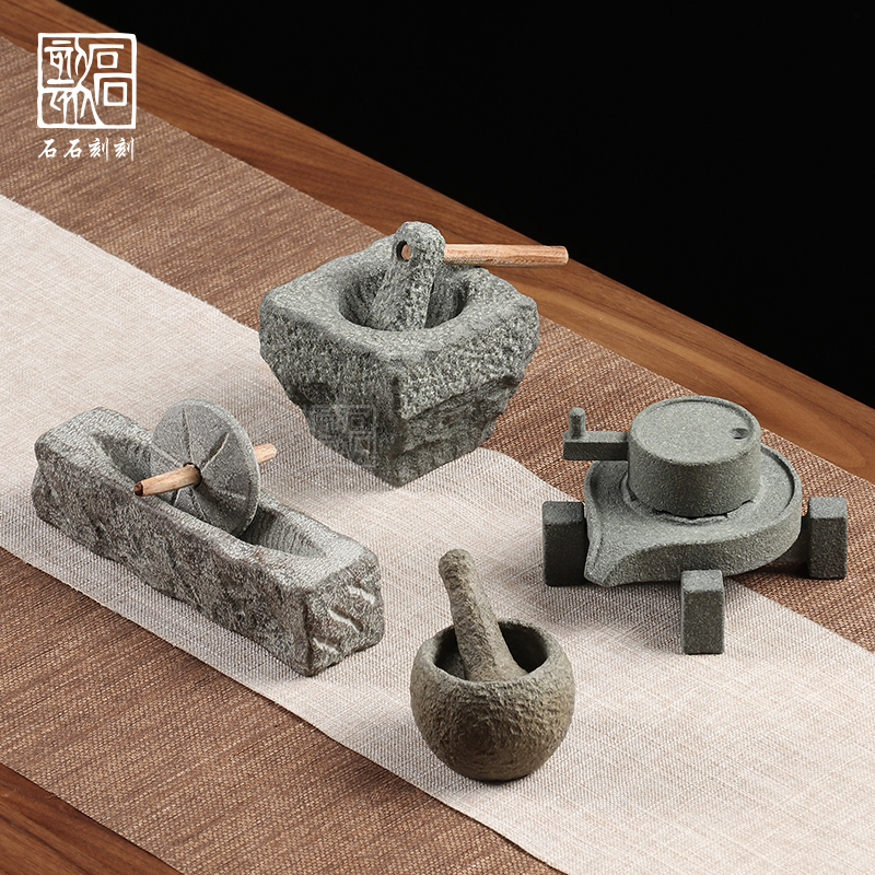 石石刻刻创意复古小石臼石碾子创意青石磨茶宠摆件可养茶具茶玩
