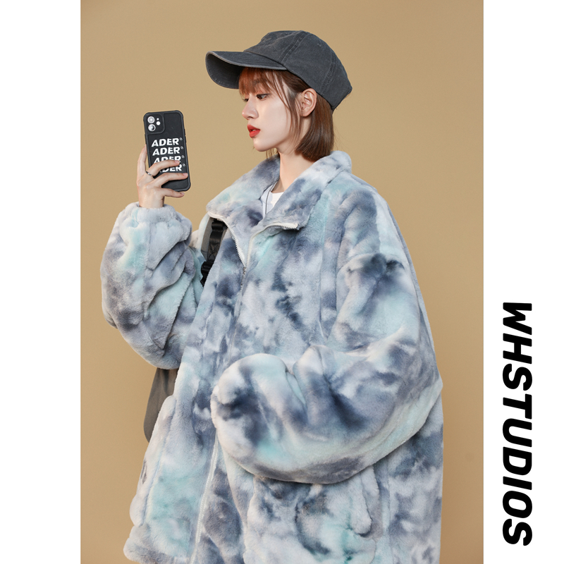 港风扎染绒外套男士棉衣2023新款加厚冬季男生棉服潮牌大码袄子