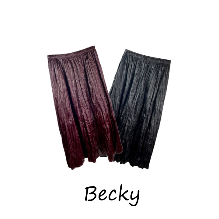 Becky 褶皱涂层面料松紧腰遮跨中长款半身裙