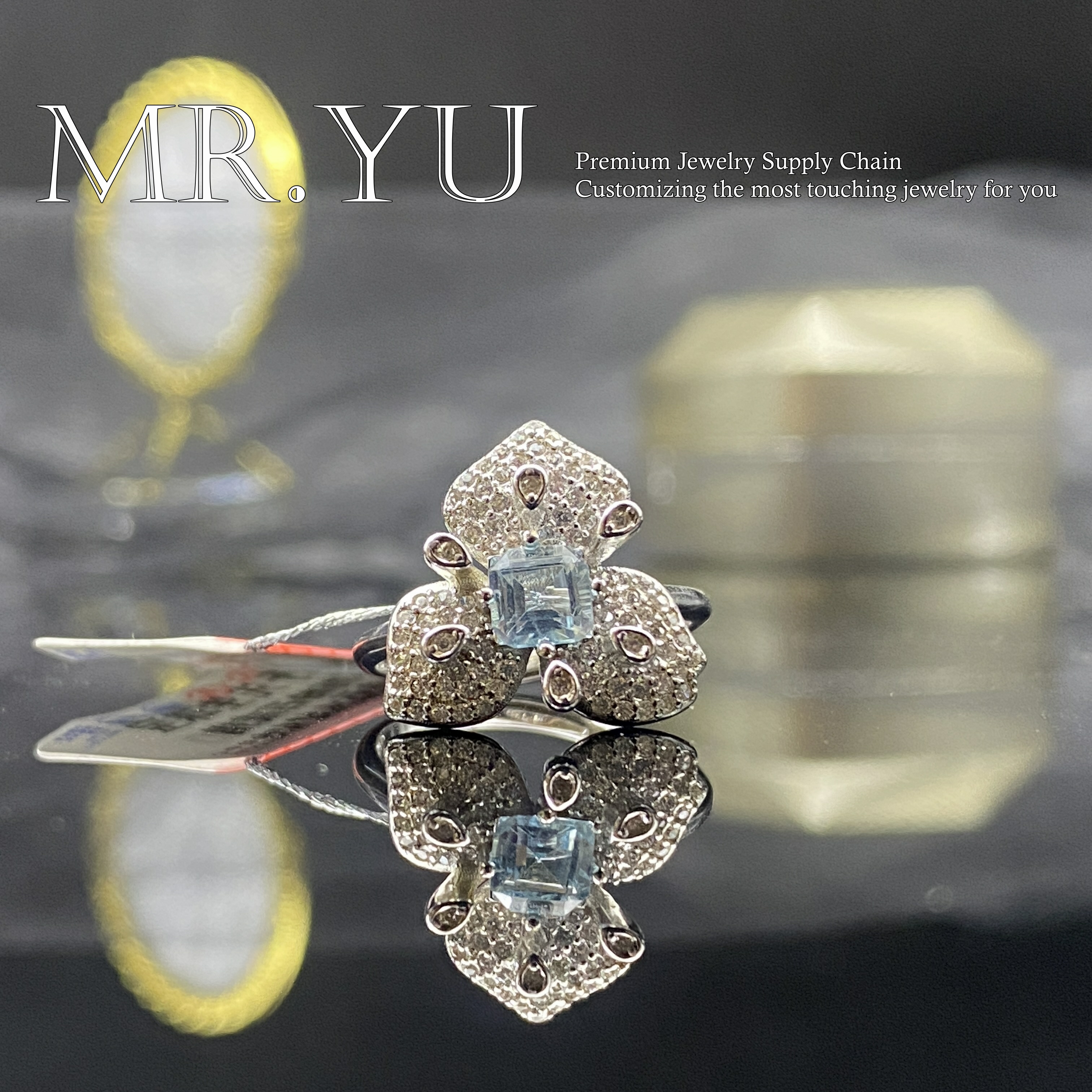 天然海蓝宝戒指气质花瓣时尚经典精致hl79