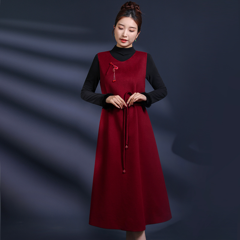 （崔万志国风）100%绵羊毛呢 中式背心连衣裙手工花扣配腰带WZ6163
