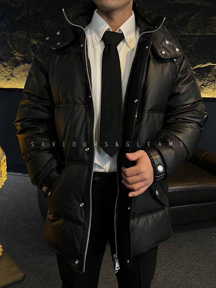 男士真皮绵羊皮鹅绒服商务长款防风休闲连帽加绒冬季外套Z-8806