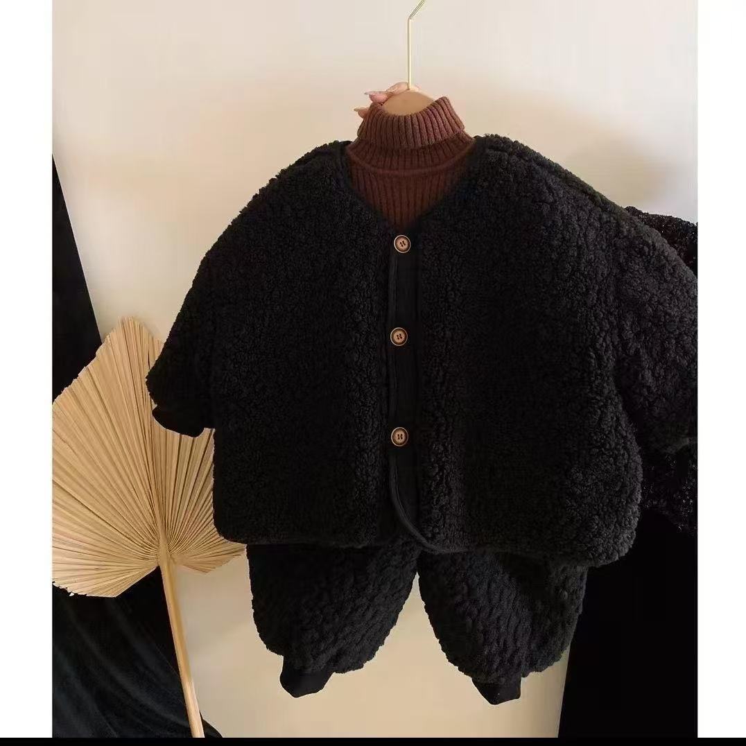 男女童时髦洋气三层加绒夹棉裤两件套炸街加绒外套女保暖宝宝套装