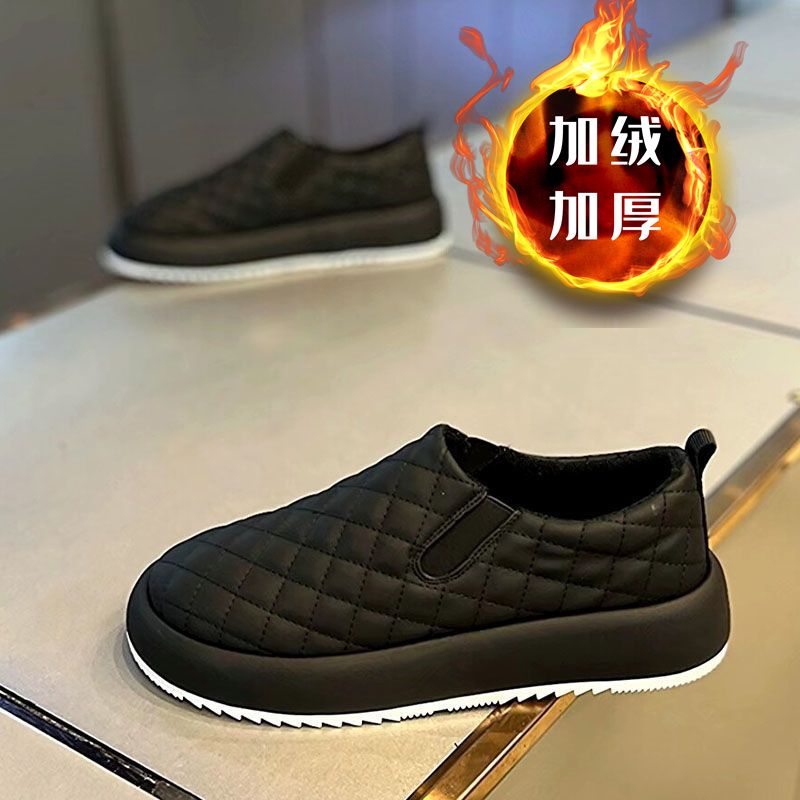 男鞋秋冬潮流男鞋一脚蹬棉鞋菱格百搭运动休闲鞋宽脚厚加绒棉鞋