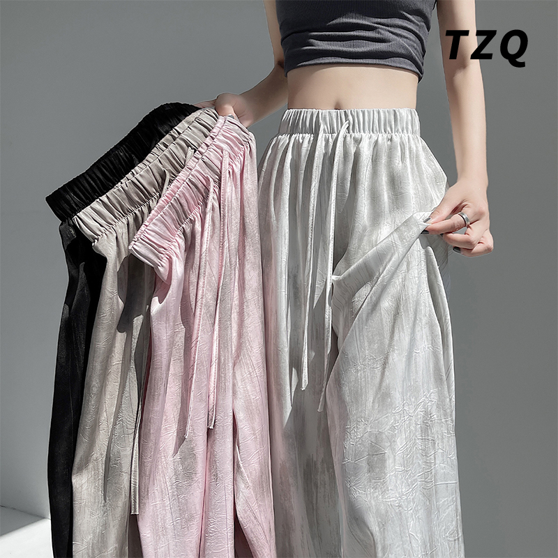 冰丝醋酸缎面裤子女爆款2025秋季厚款小个子高腰扎染休闲阔腿裤子