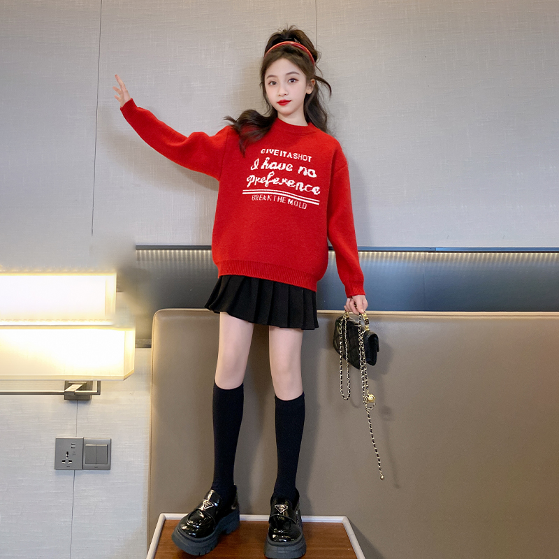 女童字母毛衣秋冬季红色本命年2023新款中大儿童洋气女孩针织上衣