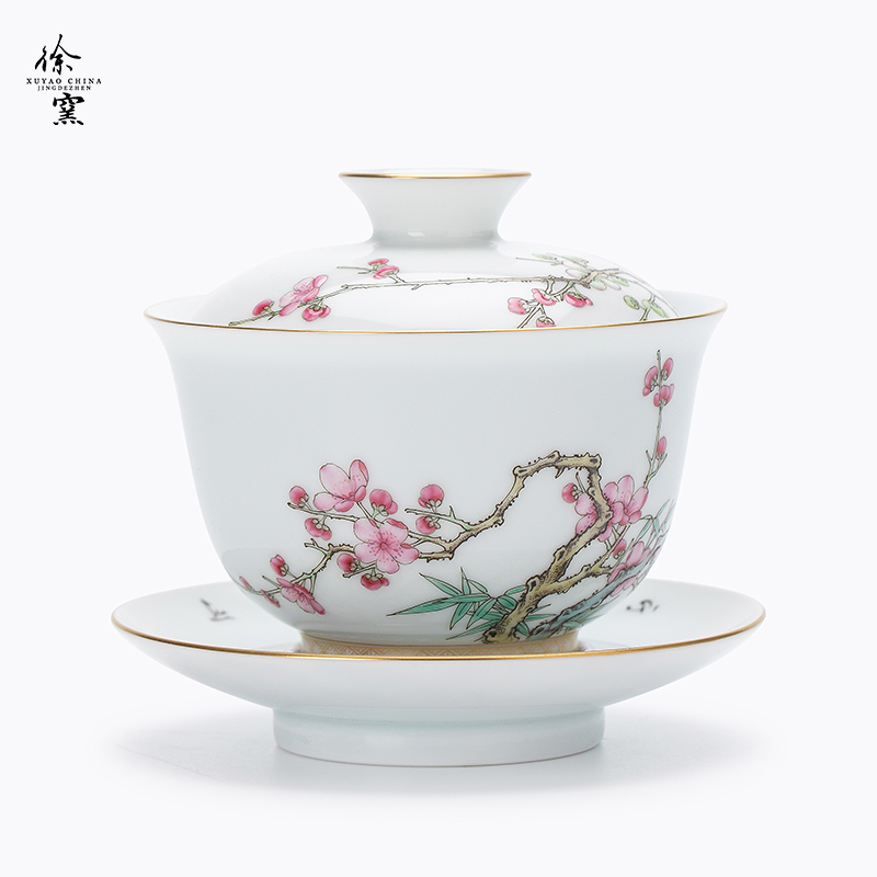 徐窑梅竹双清三才盖碗 粉彩手绘景德镇陶瓷器描金手工茶器梅花