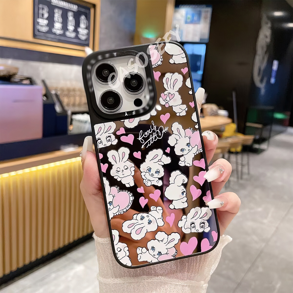 case爱心兔子14Pro手机壳镜面iPhone13黑边框苹果12Promax