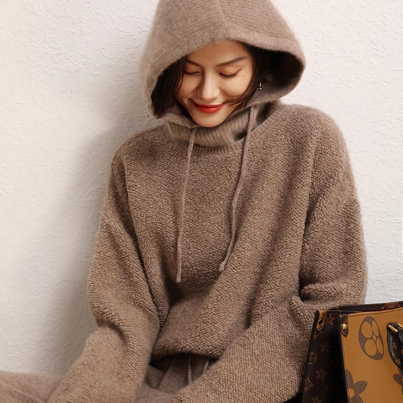 高端纯羊绒帽子围脖一体男女通用秋冬加厚针织护耳脖套连帽围巾