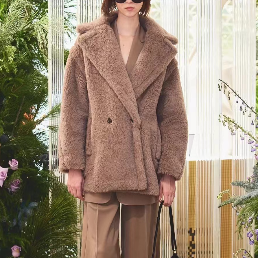 全新未使用 MaxMara Espero系列 棕色抓绒翻领纽扣长袖夹克外套